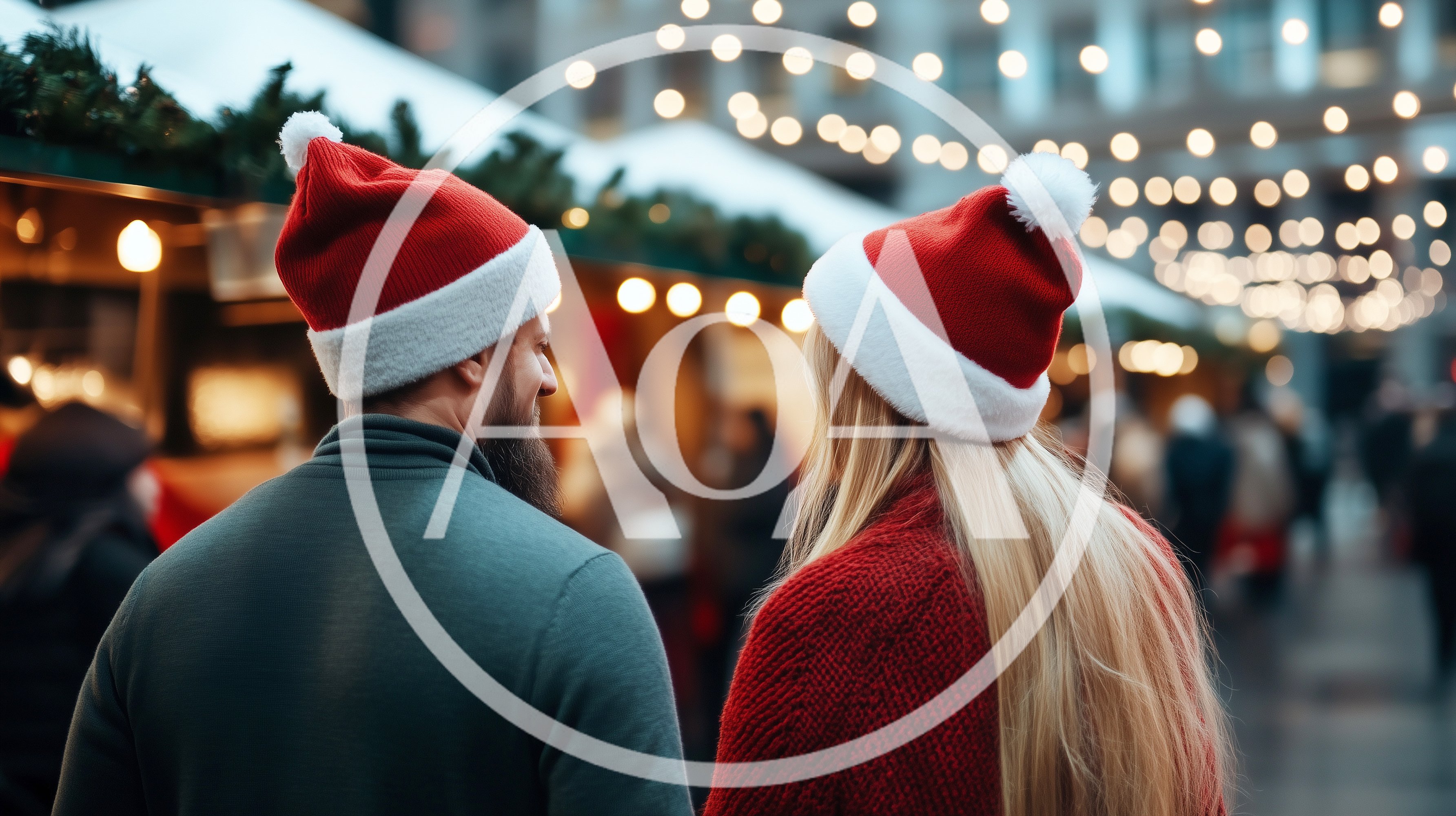 Couple Wearing Santa Hats at Christmas Market