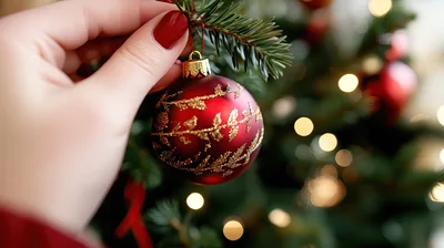 Hand Placing Red Christmas Ornament On Tree