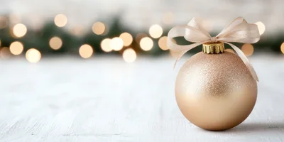 Golden Christmas Ornament With Ribbon On White Wood