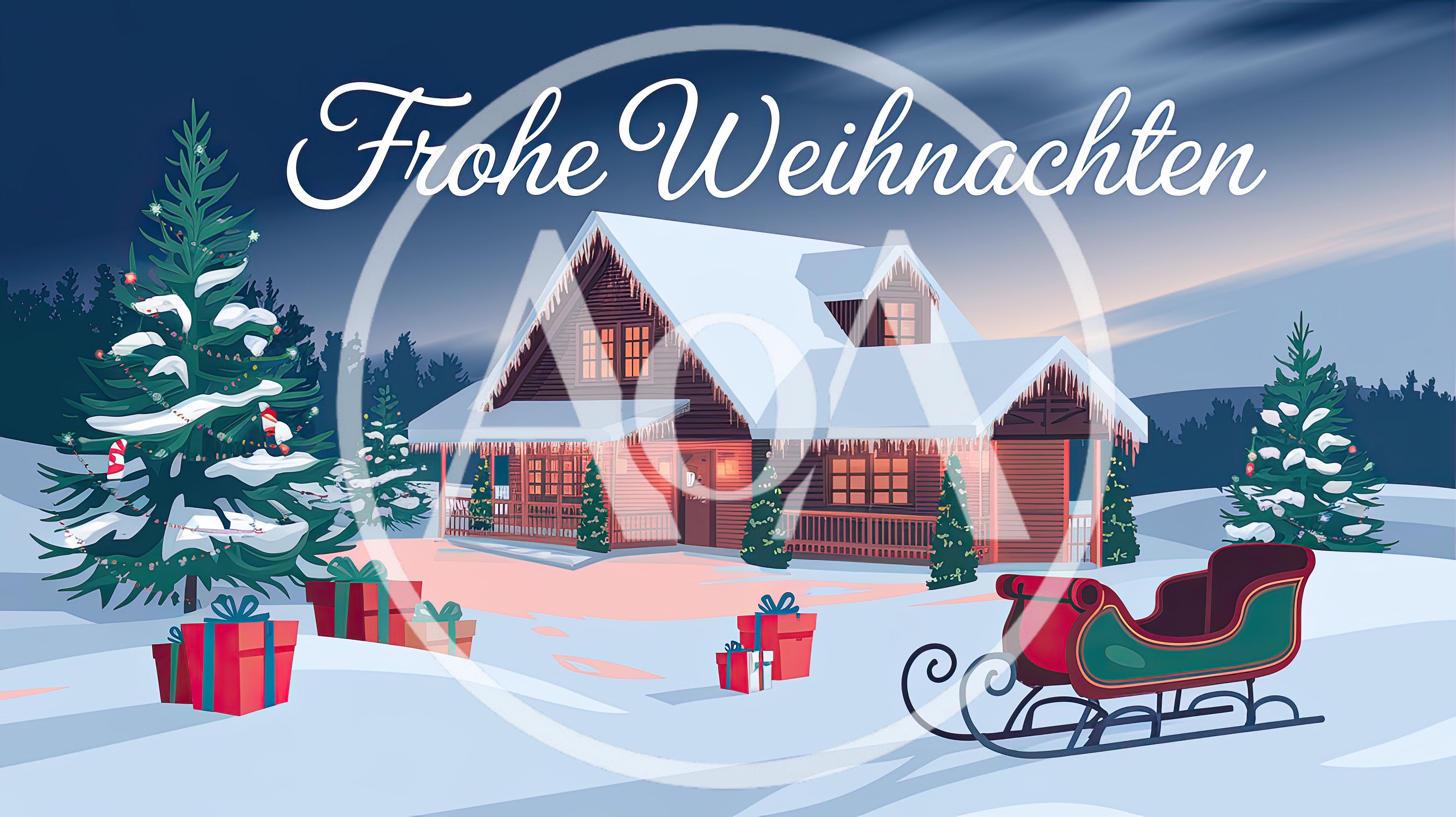 Christmas Cabin Scene With Sleigh And Presents