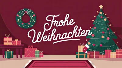 Christmas Greeting Card With Decorated Tree And Gifts