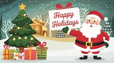 Santa Claus Holding Happy Holidays Sign With Christmas Tree