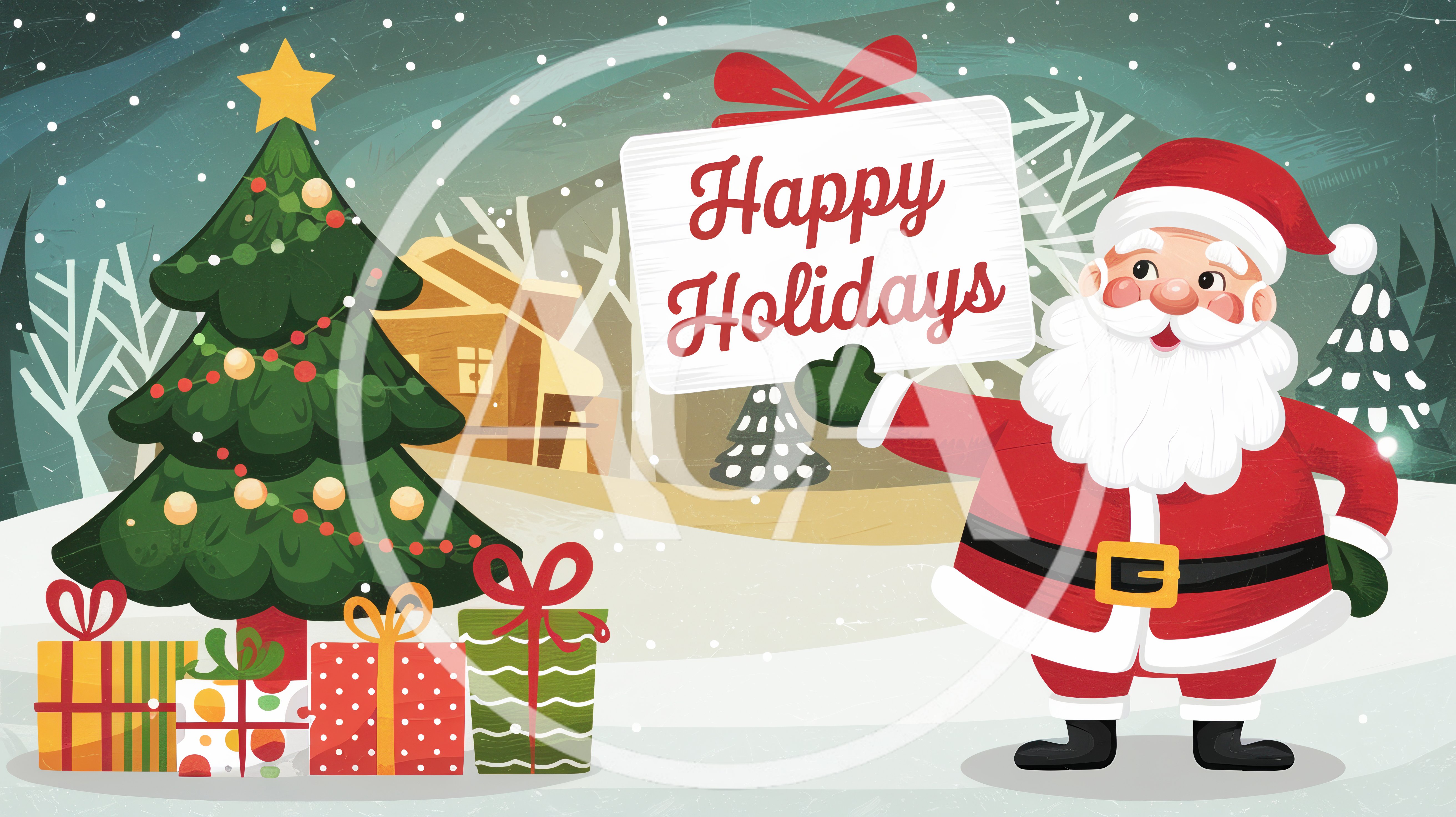 Santa Claus Holding Happy Holidays Sign With Christmas Tree