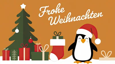 Christmas Greeting Card With Penguin And Tree