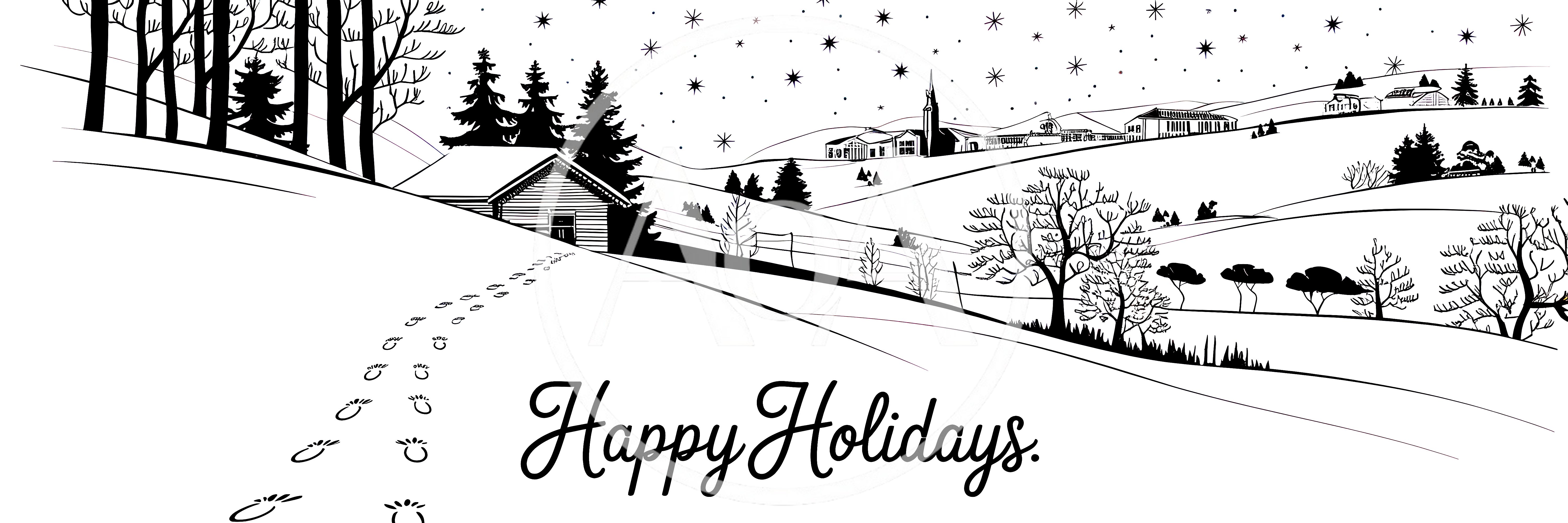 Hand Drawn Winter Landscape With Happy Holidays Text