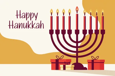 Happy Hanukkah Greeting Card With Menorah And Gifts