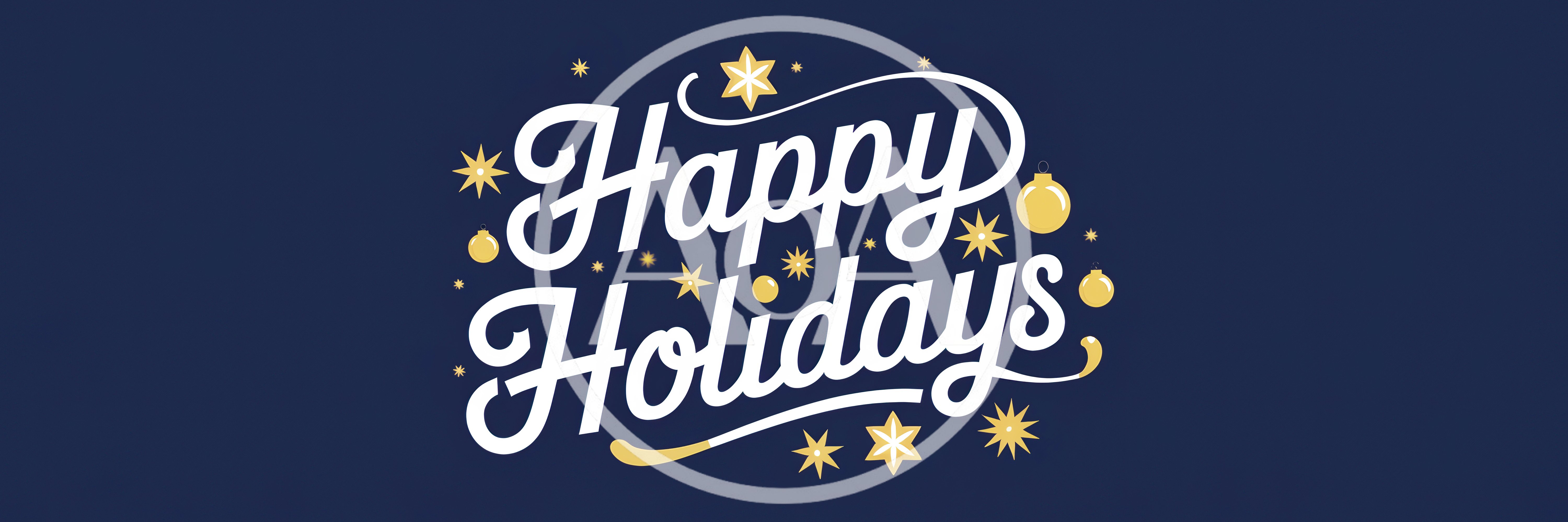 Happy Holidays Text Graphic With Gold Stars And Ornaments