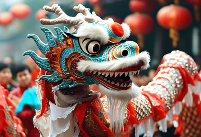 Traditional Chinese Dragon Dance Performance During Lunar New Year