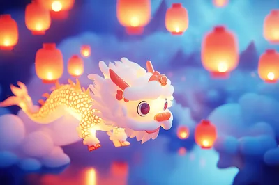 Cute Glowing Dragon Flying Among Floating Lanterns