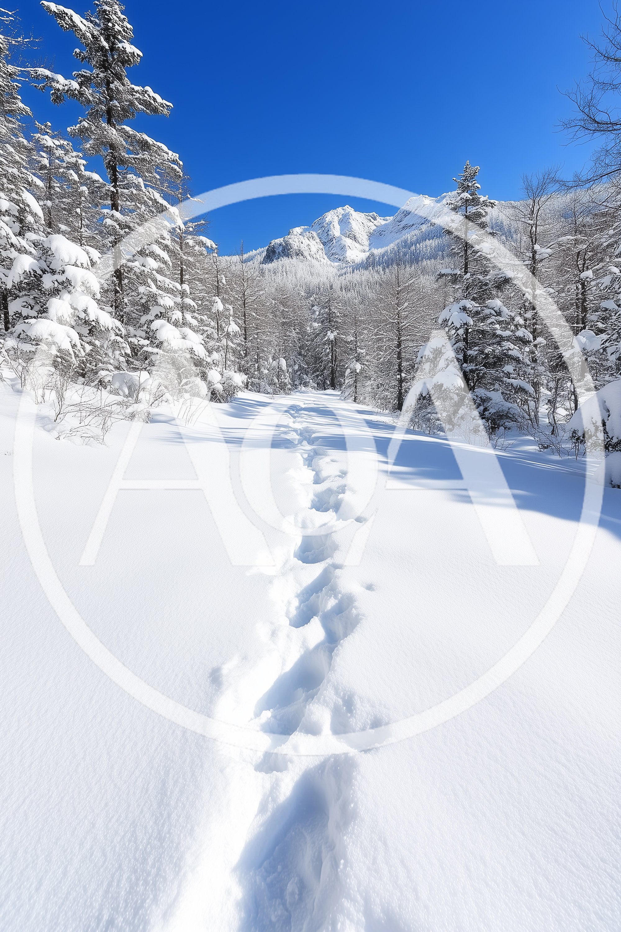 Footprints Leading Through A Snowy Winter Forest