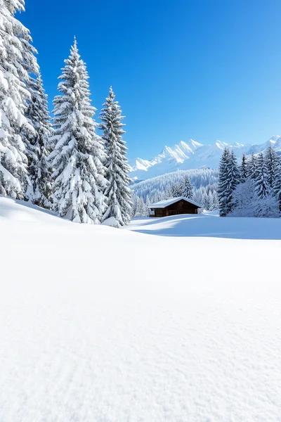 Snow Covered Alpine Cabin In Winter Landscape