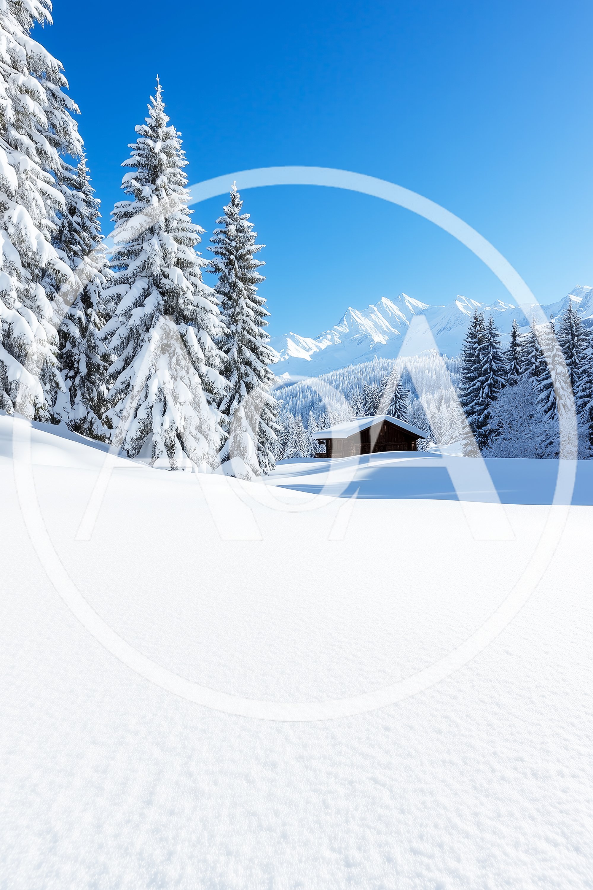 Snow Covered Alpine Cabin In Winter Landscape