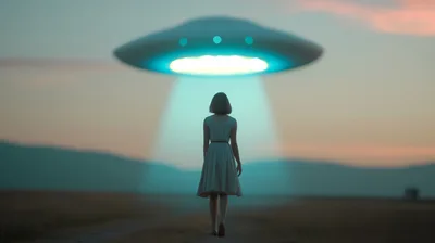 Woman Walking Toward A Glowing Alien Spaceship