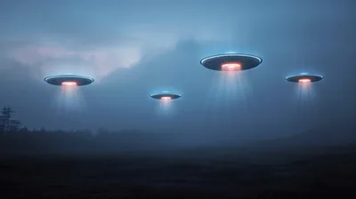 Four Glowing UFOs Hovering Over A Misty Landscape