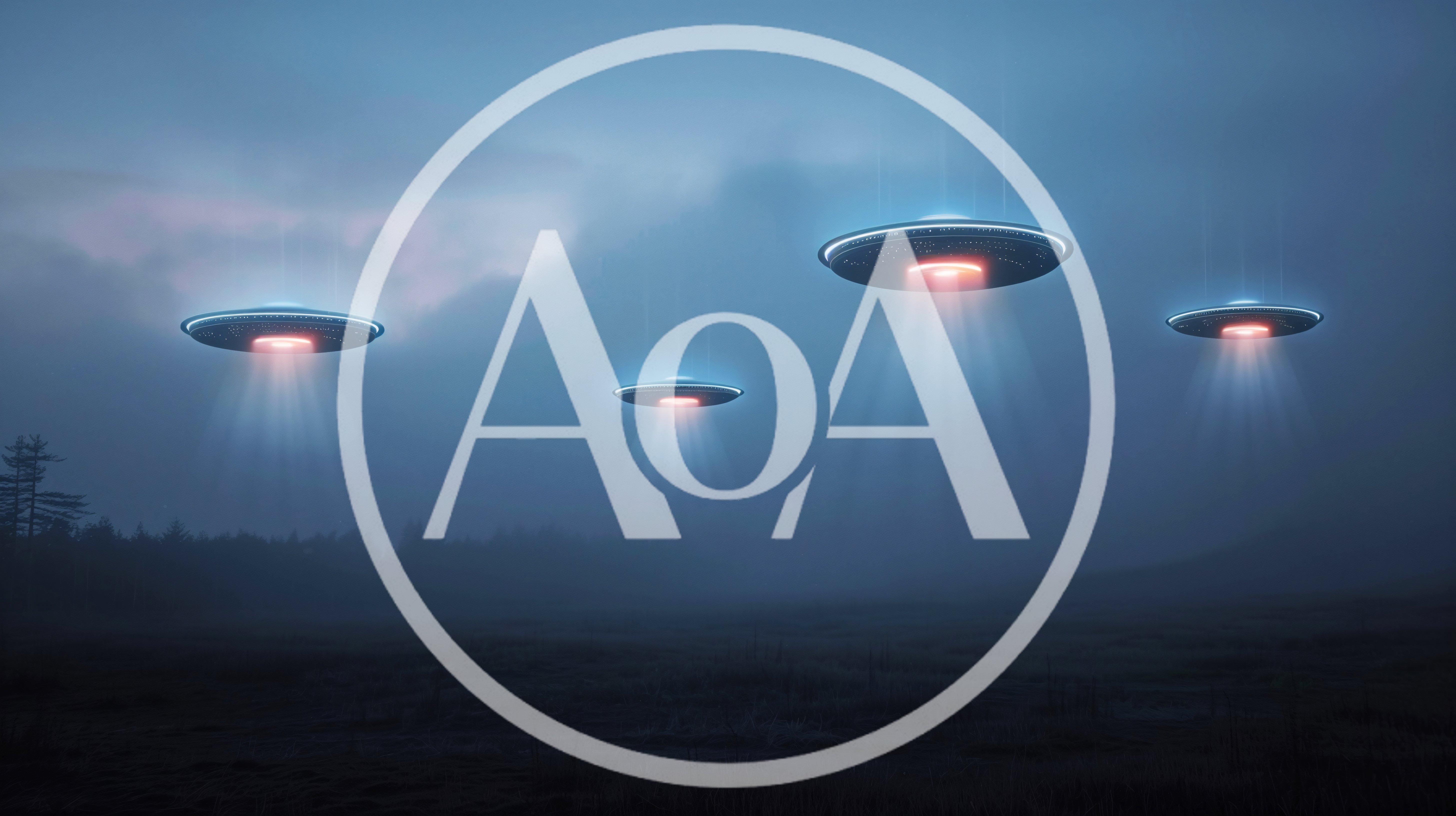 Four Glowing UFOs Hovering Over A Misty Landscape