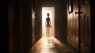 Alien Silhouette Standing In A Dimly Lit Hallway