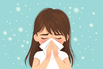 Young Girl Blowing Her Nose In Winter