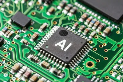 AI Microchip Mounted on a Green Printed Circuit Board
