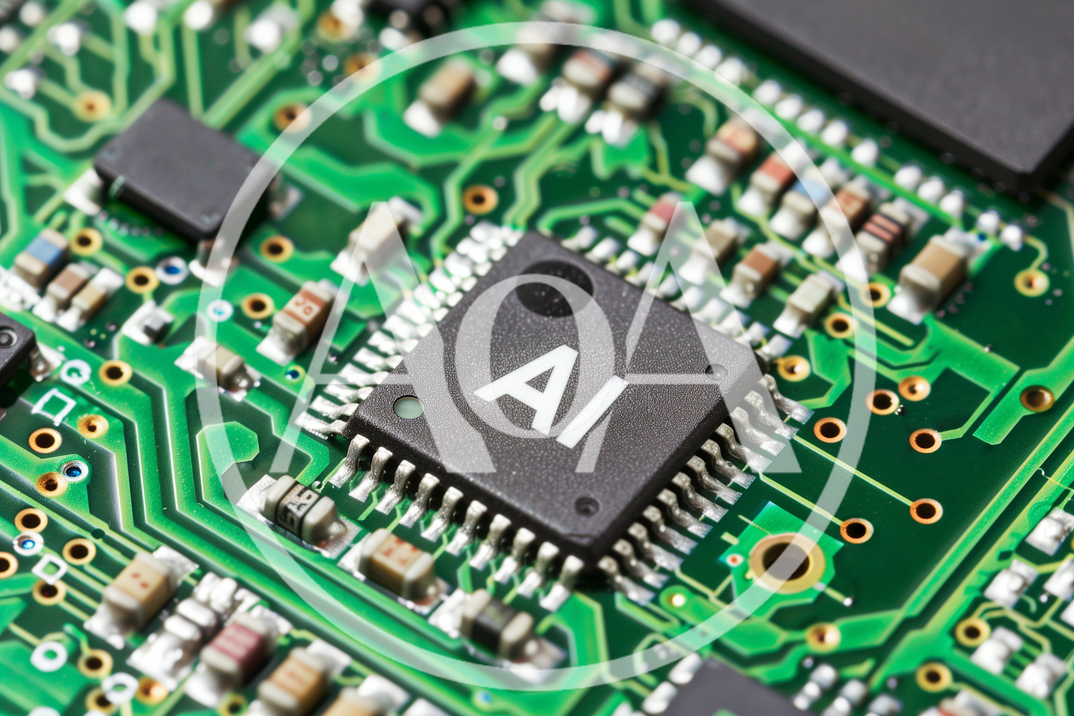 AI Microchip Mounted on a Green Printed Circuit Board