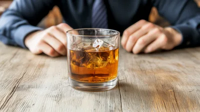 Businessman Sitting At A Wooden Table With Whiskey