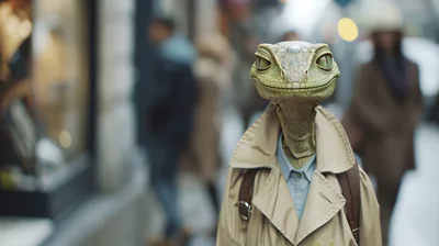 Anthropomorphic Lizard Character Wearing A Trench Coat