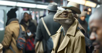 Lizard Person Commuting On A Crowded Subway Train