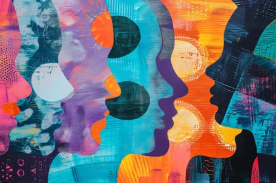 Abstract Painting Of Multiple Overlapping Human Profiles