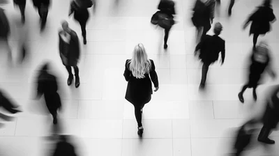 Woman Walking Through A Busy Crowded Train Station