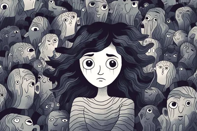 Sad Girl Surrounded By A Crowd Of Faces