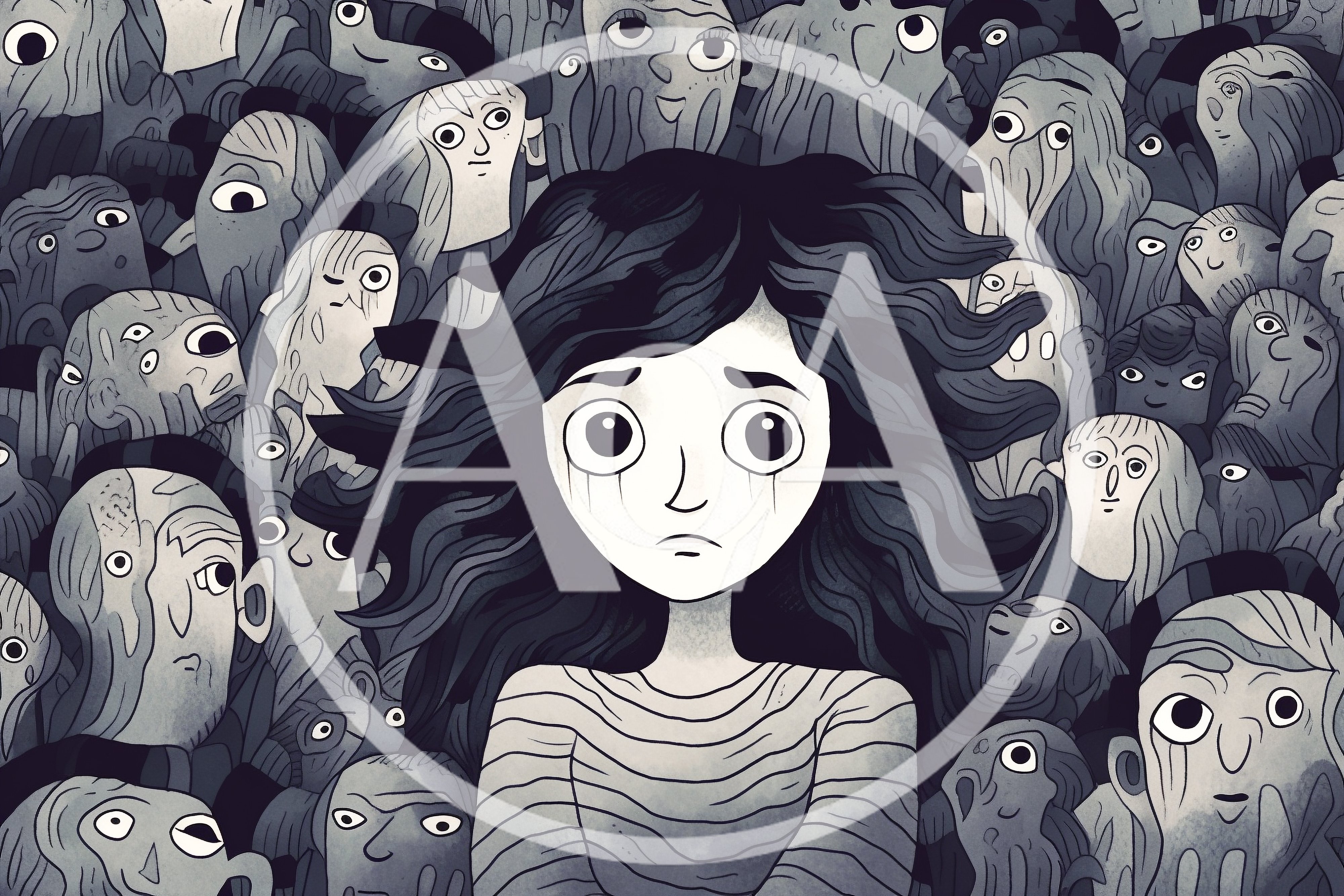 Sad Girl Surrounded By A Crowd Of Faces