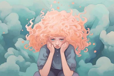 Illustration Of A Sad Girl With Curly Hair