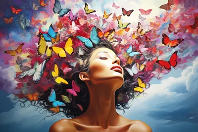 Surreal Portrait of Woman With Butterfly Hair
