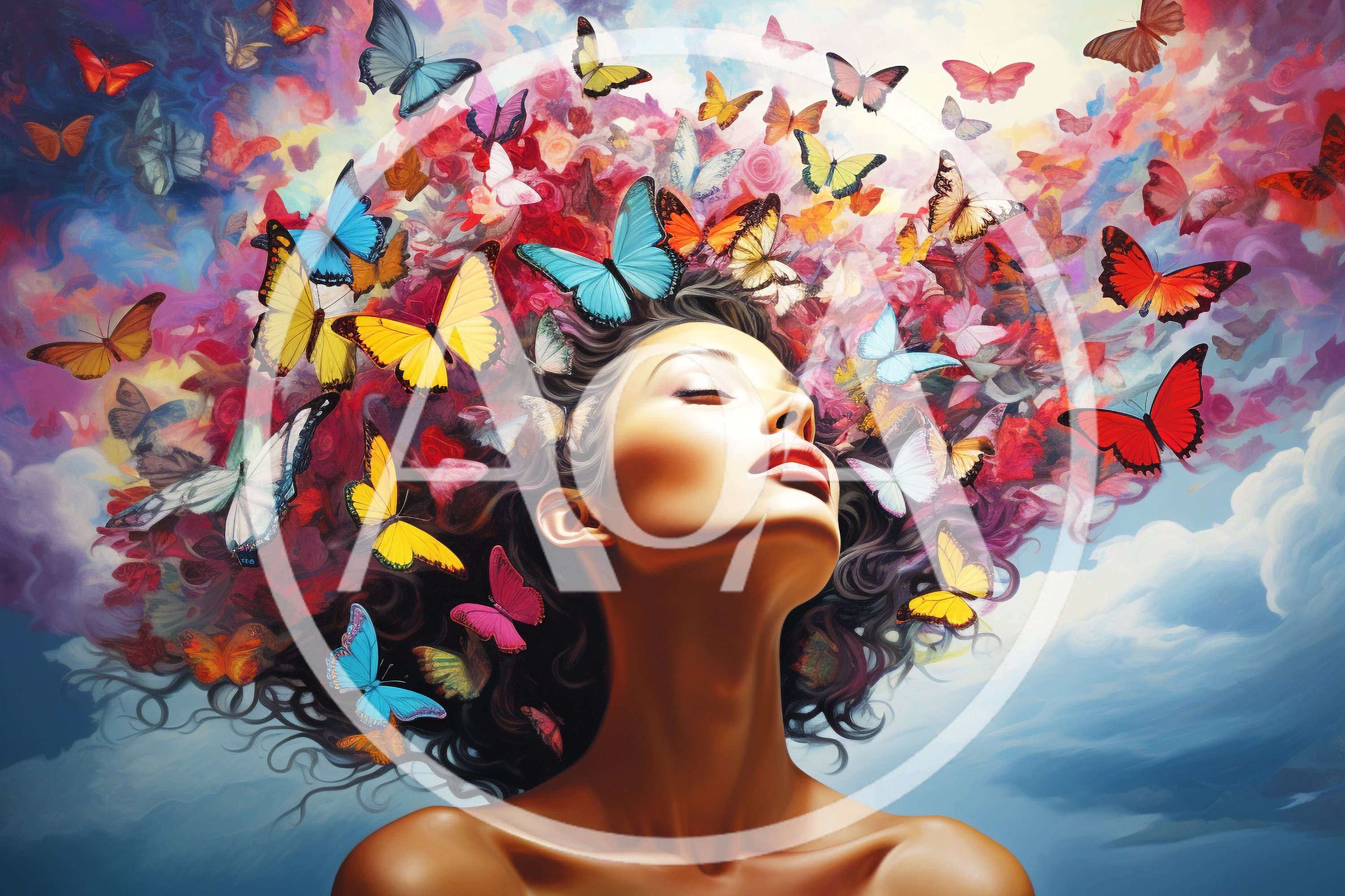 Surreal Portrait of Woman With Butterfly Hair