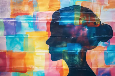 Silhouette Of A Woman Profile On Colorful Painted Brick
