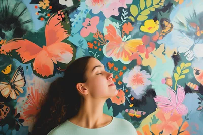 Young Woman Relaxing Against A Vibrant Floral Butterfly Mural