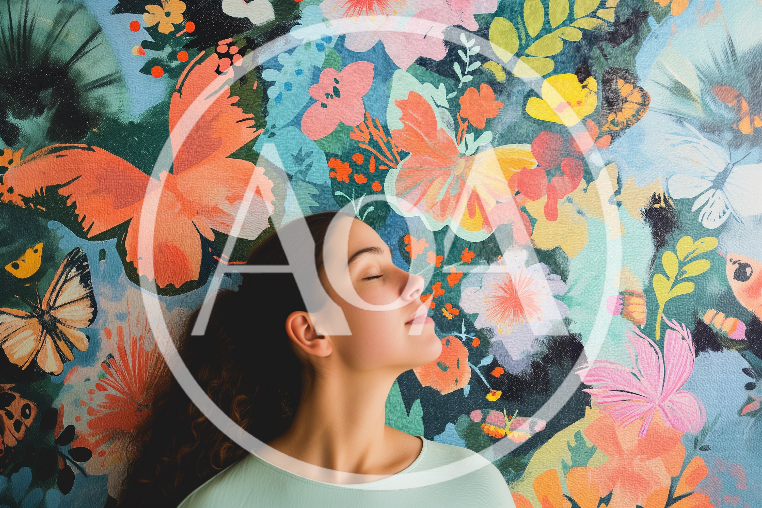 Young Woman Relaxing Against A Vibrant Floral Butterfly Mural