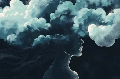Surreal Illustration Of A Woman With Stormy Cloud Hair