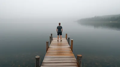 Man Standing Alone On A Wooden Dock In Fog