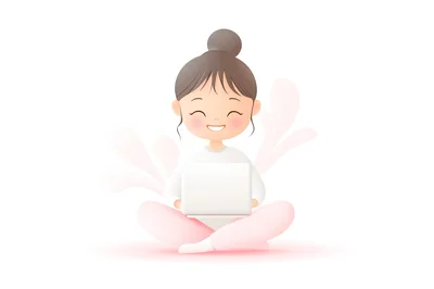 Cute Cartoon Girl Working On Laptop Computer