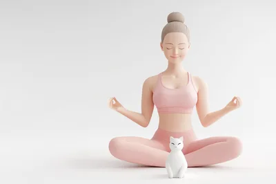 3D Render of Woman Meditating with White Cat