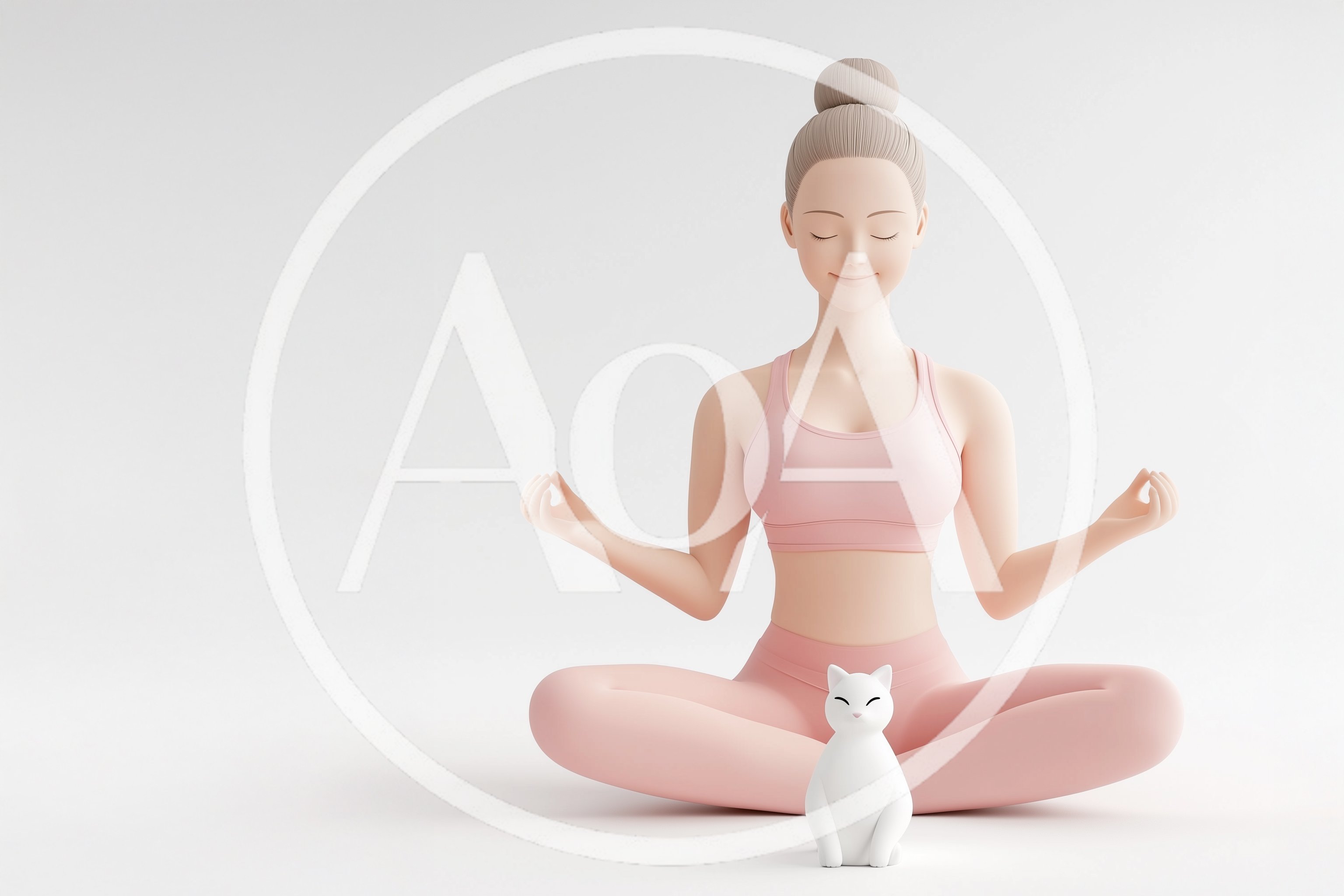 3D Render of Woman Meditating with White Cat