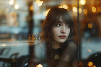 Young Woman Looking Out A Cafe Window