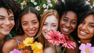 Diverse Group of Women Smiling with Flowers
