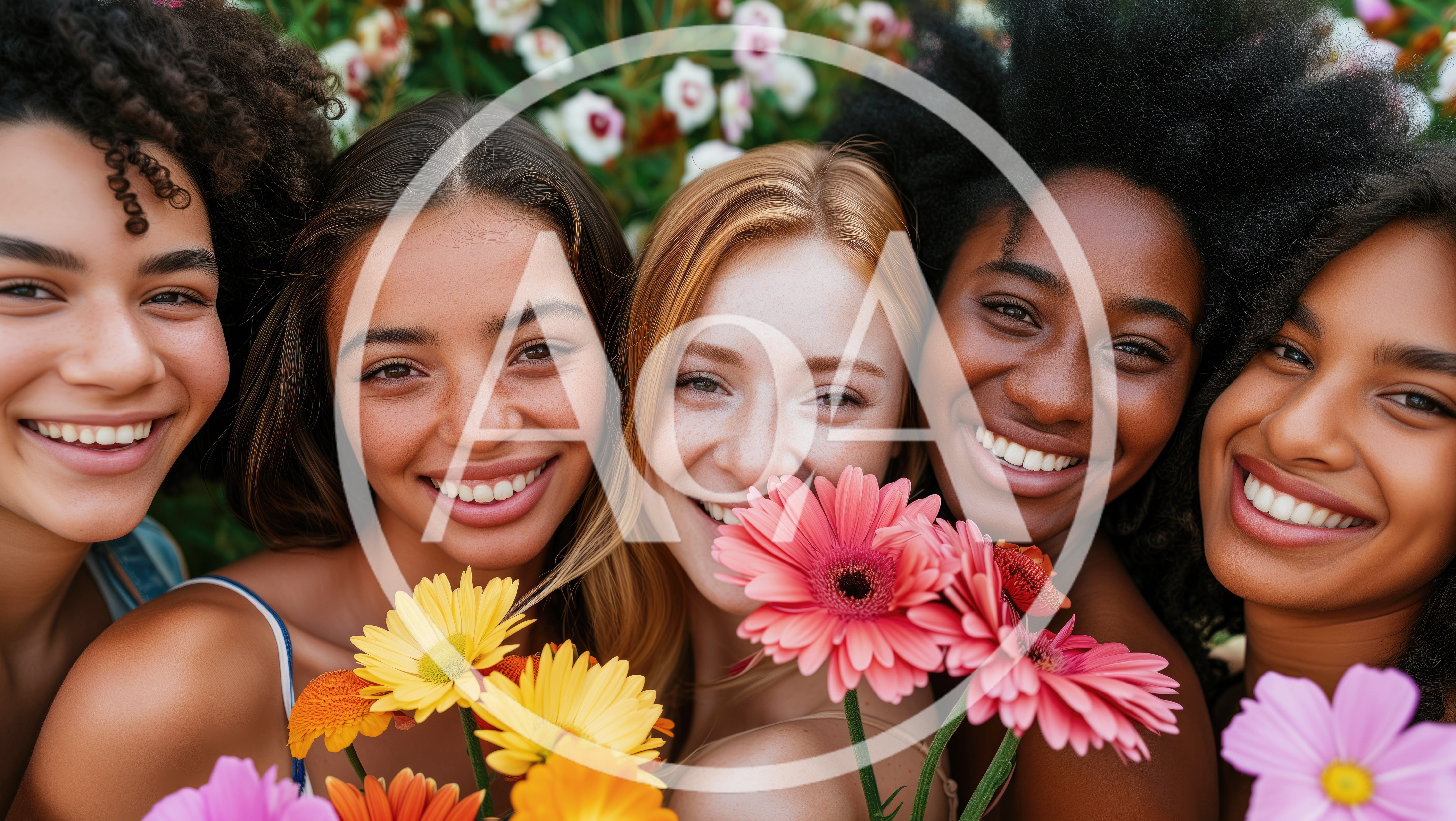 Diverse Group of Women Smiling with Flowers