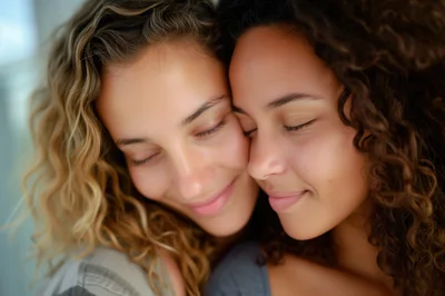 Two Young Women Embracing With Eyes Closed