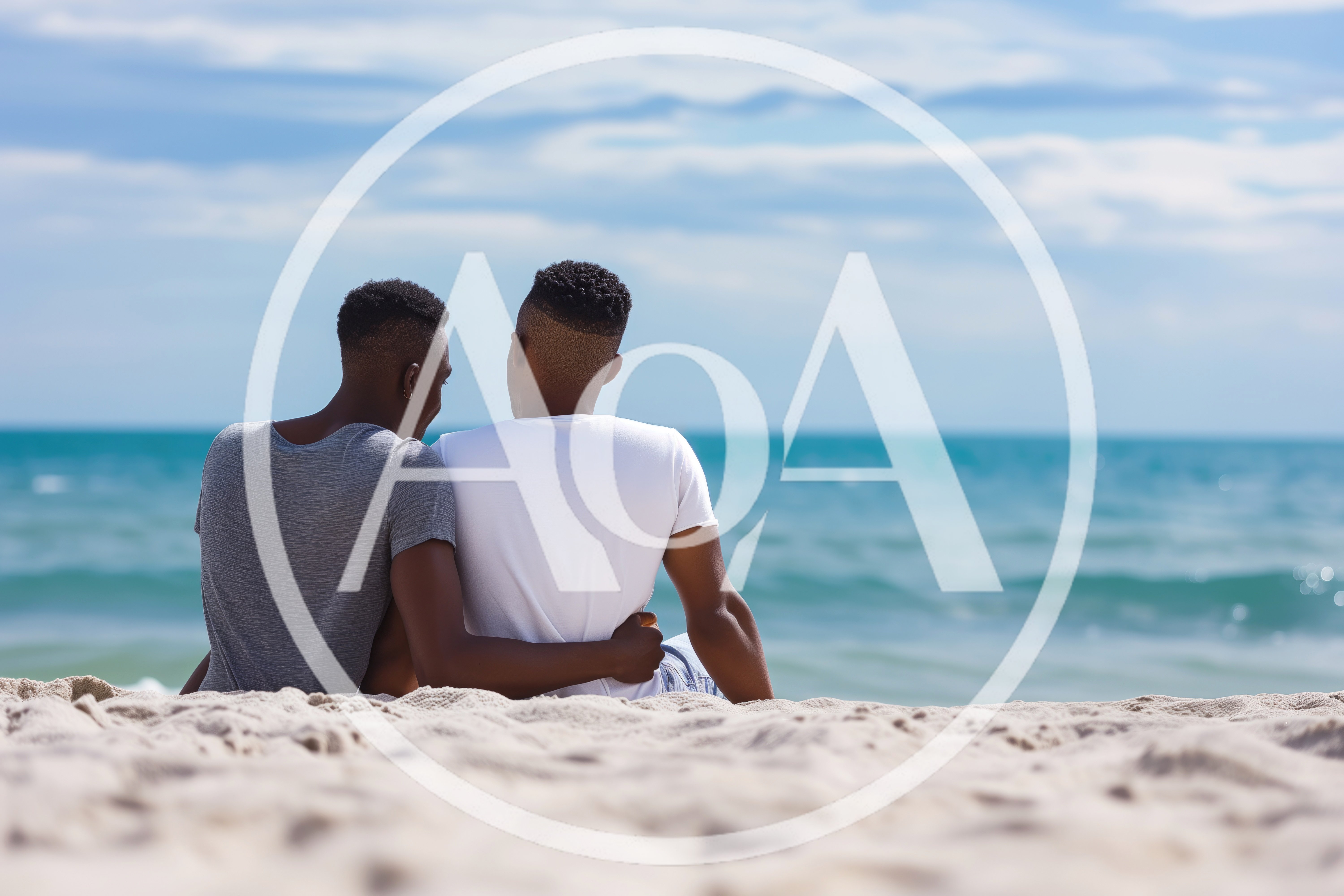 Two Men Sitting Together On A Beach