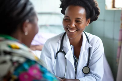 Female Doctor Consulting With Patient In Hospital Room