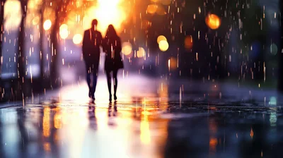 Couple Walking Together Through Rain At Sunset