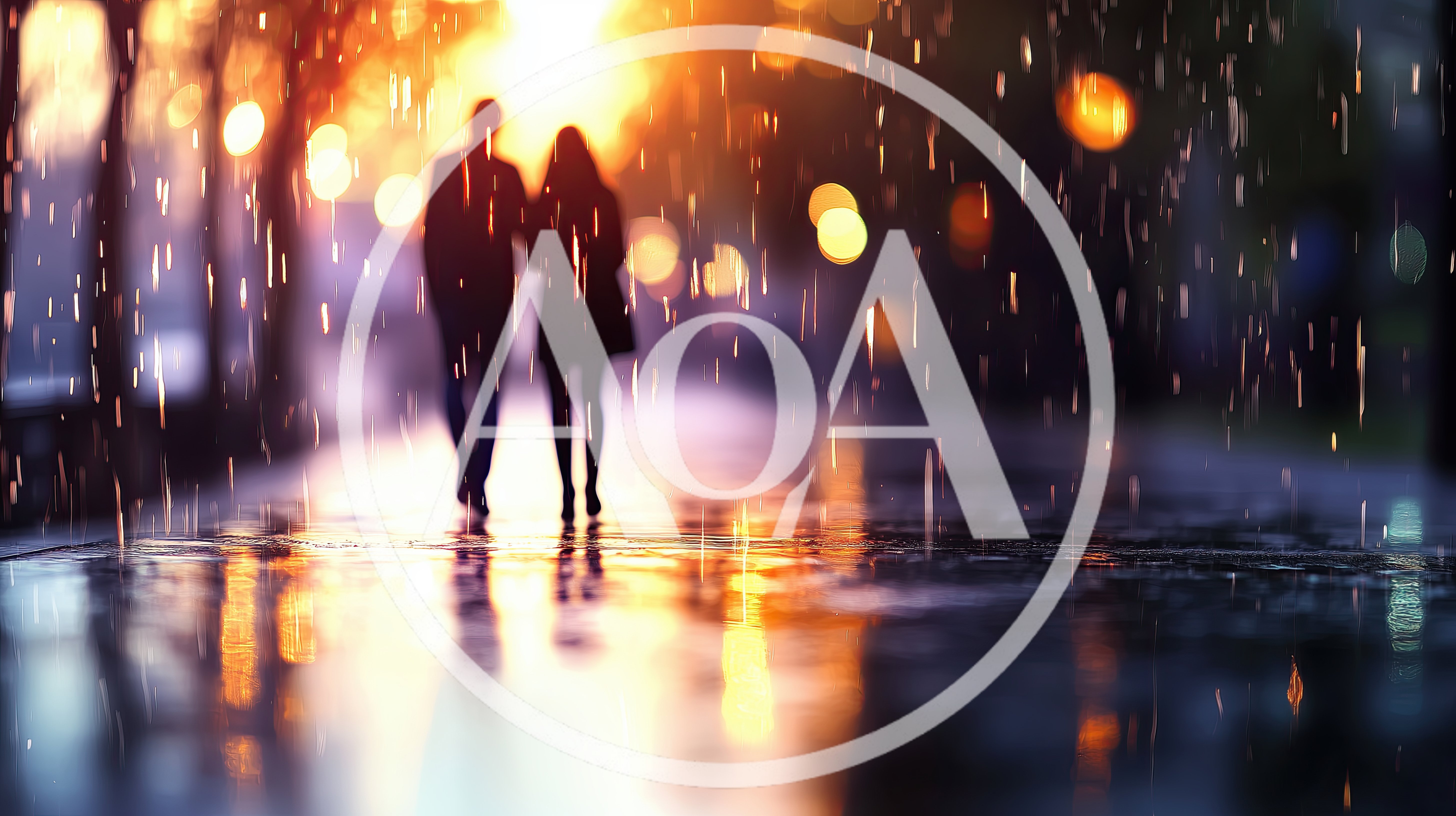 Couple Walking Together Through Rain At Sunset