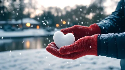 Person Holding A Snow Heart In Red Mittens